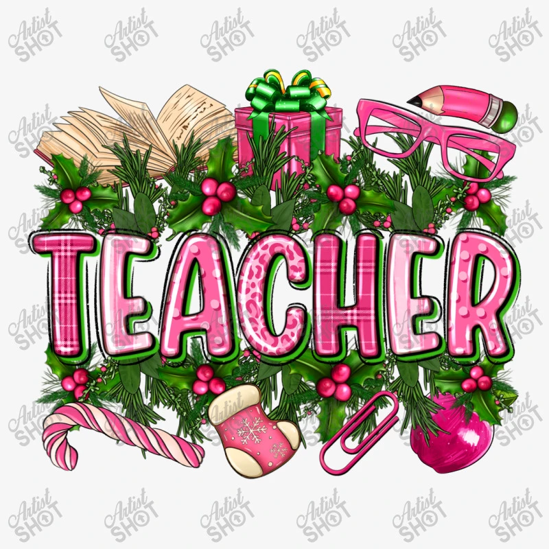 Pink Christmas Teacher Ladies Fitted T-Shirt 5 Pink Christmas Teacher Ladies Fitted T-Shirt - Image 5