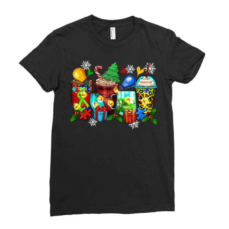 Autism Christmas Coffee Cups Ladies Fitted T-Shirt 3 Autism Christmas Coffee Cups Ladies Fitted T-Shirt - Image 3
