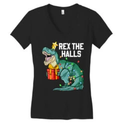 Christmas Dinosaur Rex The Halls Cute Boys Kids Tr Women's V-Neck T-Shirt -Santa Clothing Shop pd.2526173501.72.25065801.s3.1 front black ffffff none x0y0 138 800x800 1