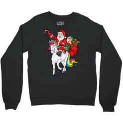 Christmas Santa Elf Riding Unicorn Xmas Magical Ra Crewneck Sweatshirt -Santa Clothing Shop pd.2526174249.32.25065794.s3.1 front black ffffff none x0y0 124 800x800 1