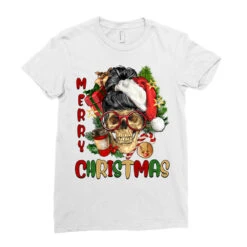 Merry Christmas Skeleton Messy Bun Ladies Fitted T-Shirt -Santa Clothing Shop pd.2526248975.36.25057785.s3.1 front white ffffff none x0y0 154 800x800 1