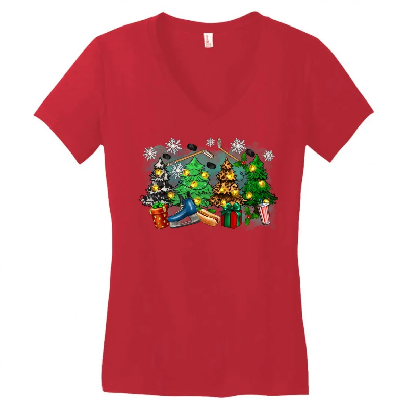 Christmas Trees With Hockey Women's V-Neck T-Shirt 3 Christmas Trees With Hockey Women's V-Neck T-Shirt - Image 3