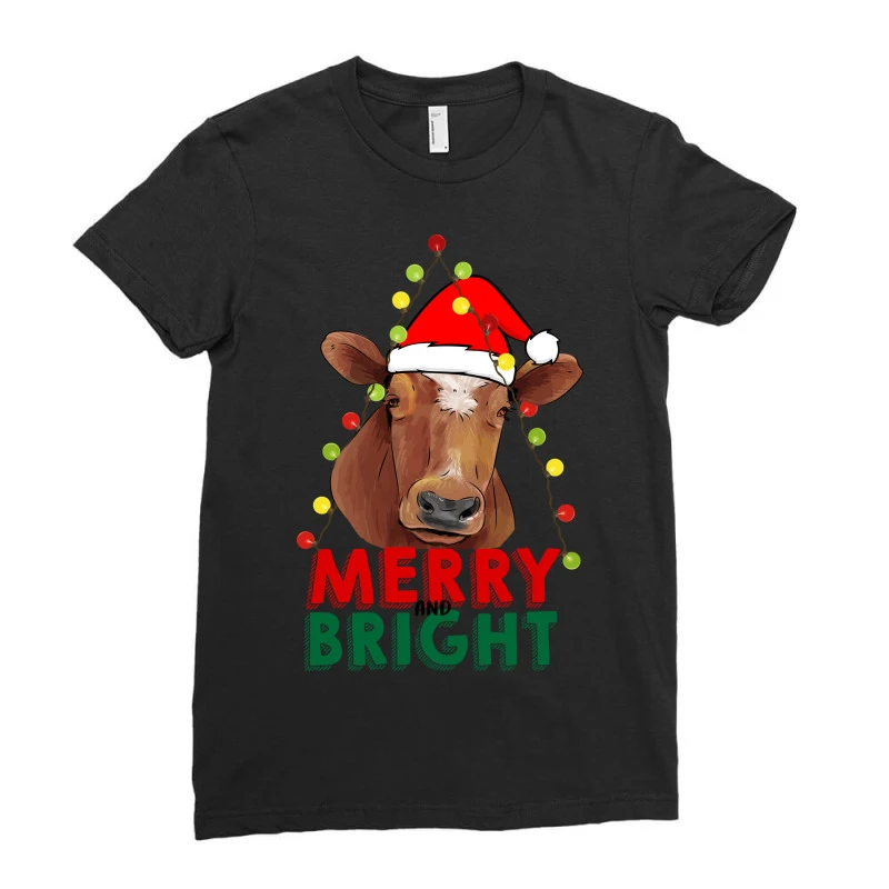 Merry And Bright Cow With Christmas Lights Ladies Fitted T-Shirt 3 Merry And Bright Cow With Christmas Lights Ladies Fitted T-Shirt - Image 3