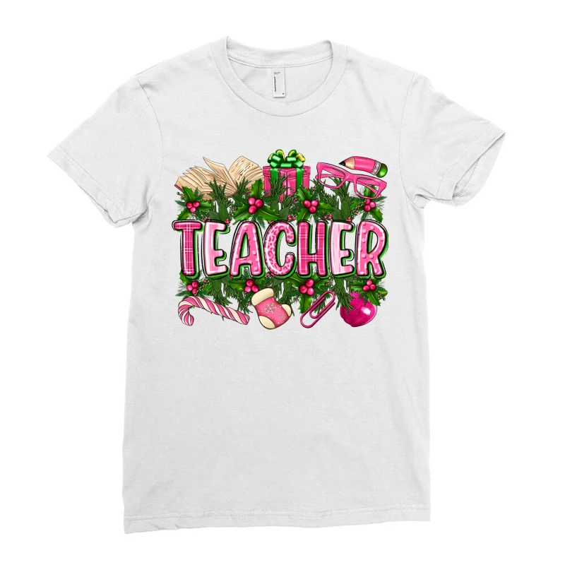 Pink Christmas Teacher Ladies Fitted T-Shirt 3 Pink Christmas Teacher Ladies Fitted T-Shirt - Image 3