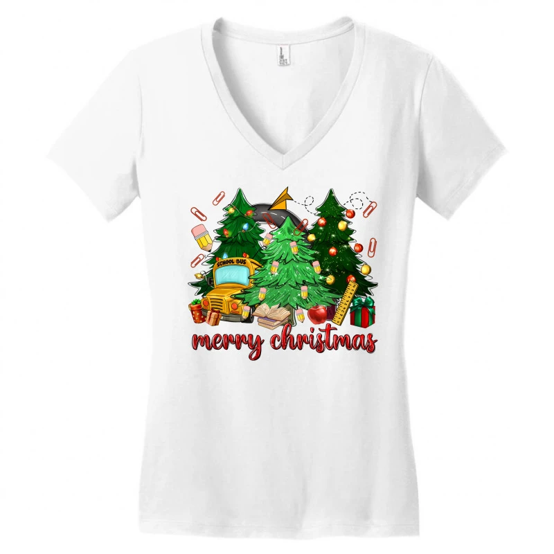 Merry Christmas School Bus Christmas Trees Women's V-Neck T-Shirt 3 Merry Christmas School Bus Christmas Trees Women's V-Neck T-Shirt - Image 3