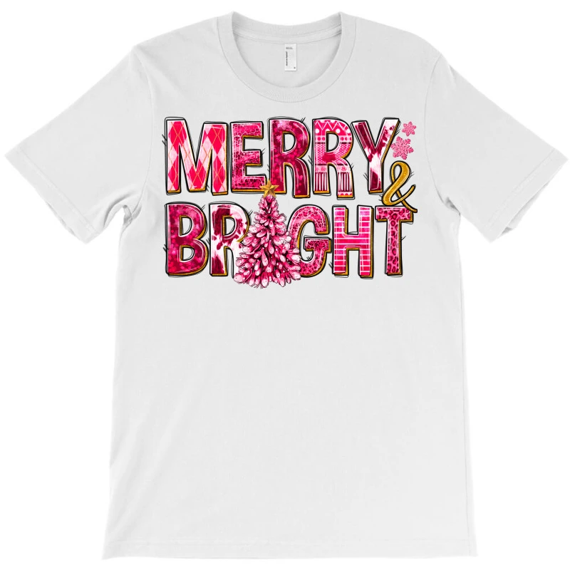 Merry And Bright Pink Christmas T-Shirt 3 Merry And Bright Pink Christmas T-Shirt - Image 3