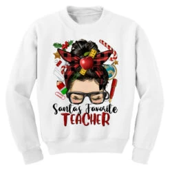 Messy Bun Christmas Teacher Youth Sweatshirt 7 Messy Bun Christmas Teacher Youth Sweatshirt -Santa Clothing Shop pd.2526572813.52.25093566.s3.1 front white ffffff none x7y0 155 800x800 1