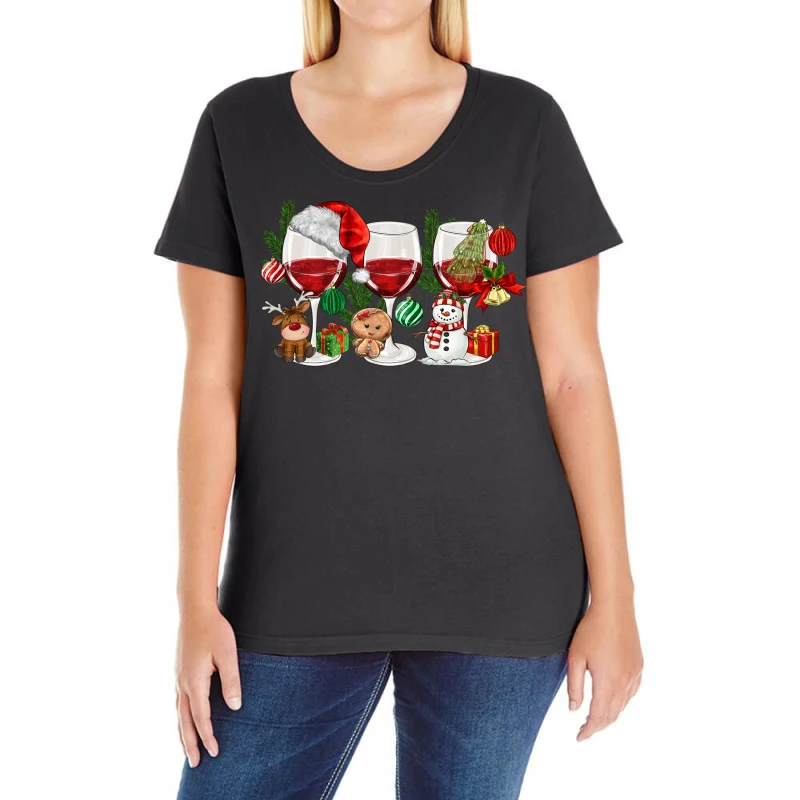 Christmas Wine Glasses Ladies Curvy T-Shirt 1 Christmas Wine Glasses Ladies Curvy T-Shirt