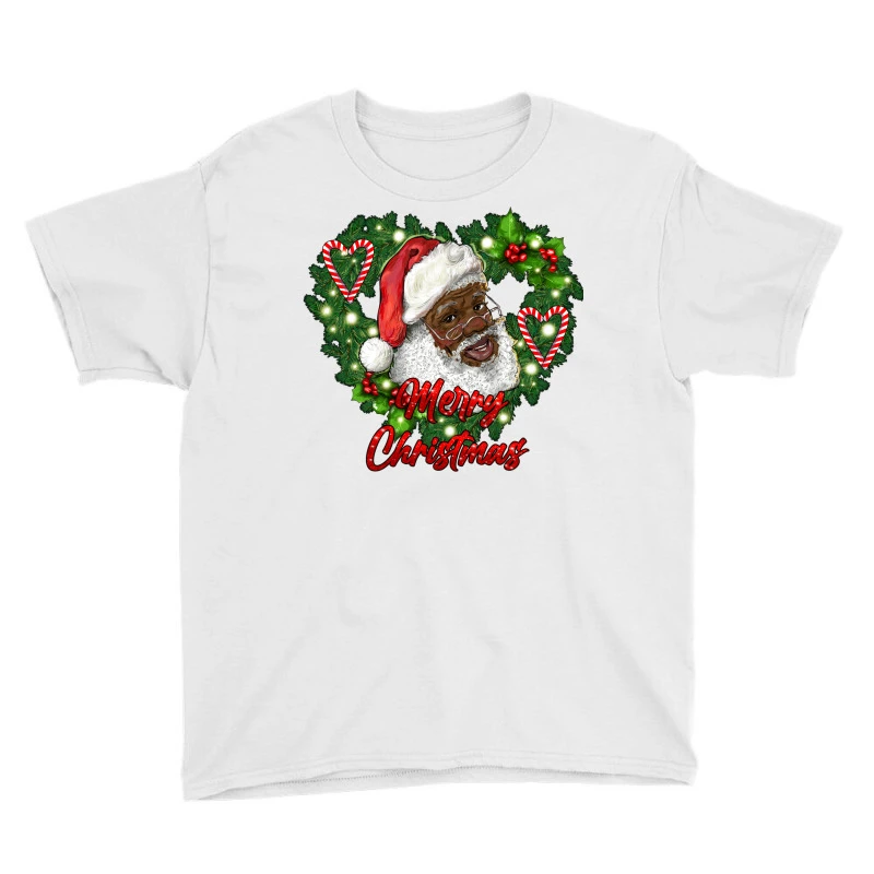 Merry Christmas African American Santa With Wreath Youth Tee 3 Merry Christmas African American Santa With Wreath Youth Tee - Image 3