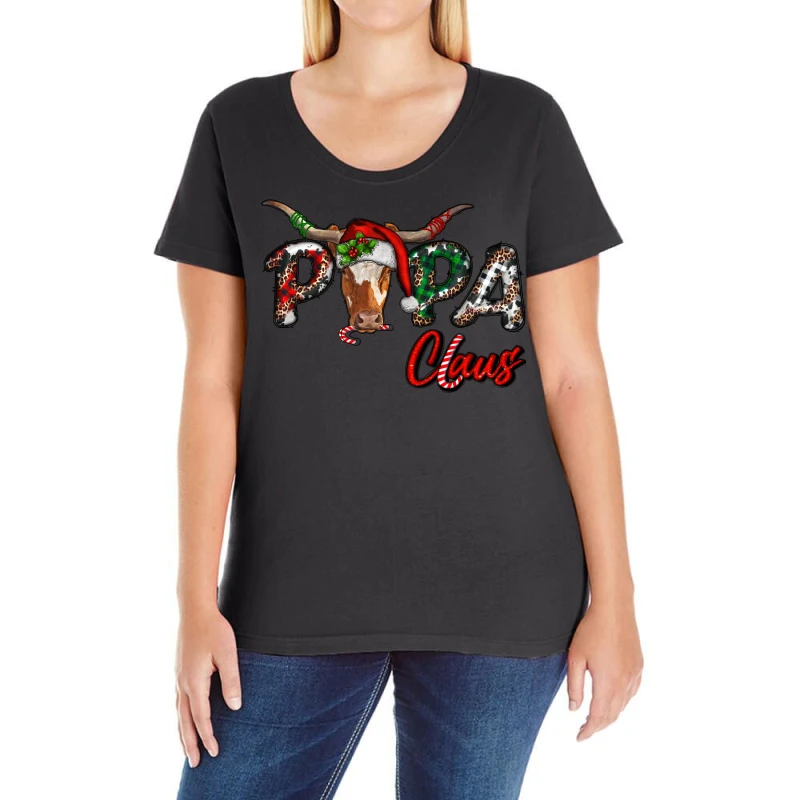 Papa Claus With Long Horn Western Christmas Ladies Curvy T-Shirt 1 Papa Claus With Long Horn Western Christmas Ladies Curvy T-Shirt
