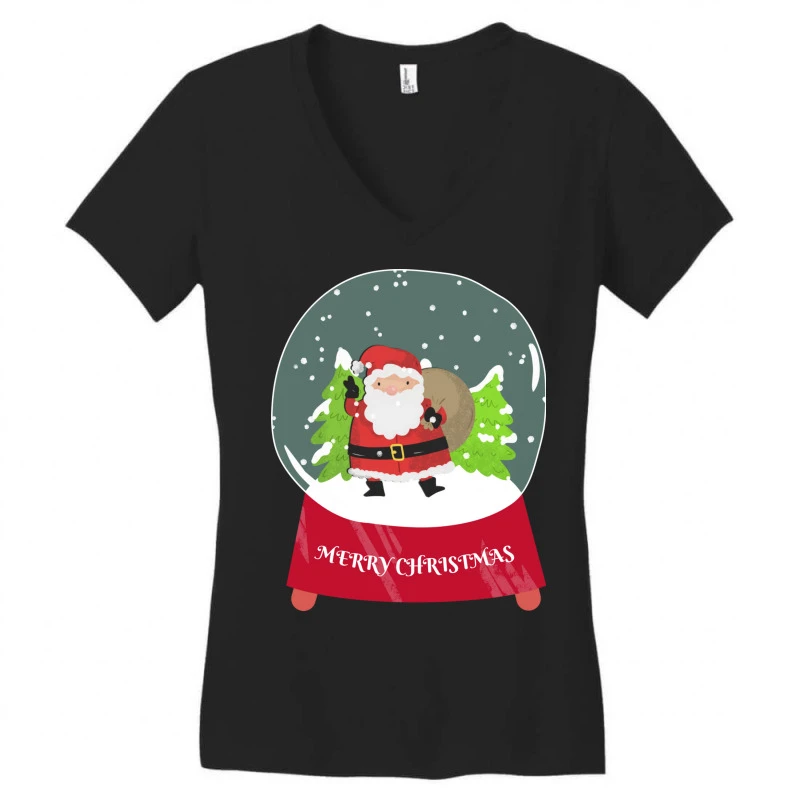 Snow Globe Santa Claus Christmas Tree Believe Xmas Women's V-Neck T-Shirt 3 Snow Globe Santa Claus Christmas Tree Believe Xmas Women's V-Neck T-Shirt - Image 3