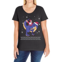 Santa Riding Dinosaur Ugly Christmas Xmas Matching Ladies Curvy T-Shirt