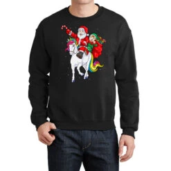Christmas Santa Elf Riding Unicorn Xmas Magical Ra Crewneck Sweatshirt