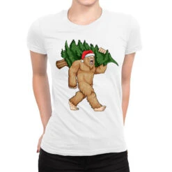 Bigfoot Santa Christmas Tree Xmas Sasquatch Boys K Ladies Fitted T-Shirt