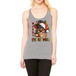 Merry Christmas Skeleton Messy Bun Racerback Tank