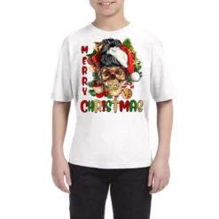 Merry Christmas Skeleton Messy Bun Youth Tee
