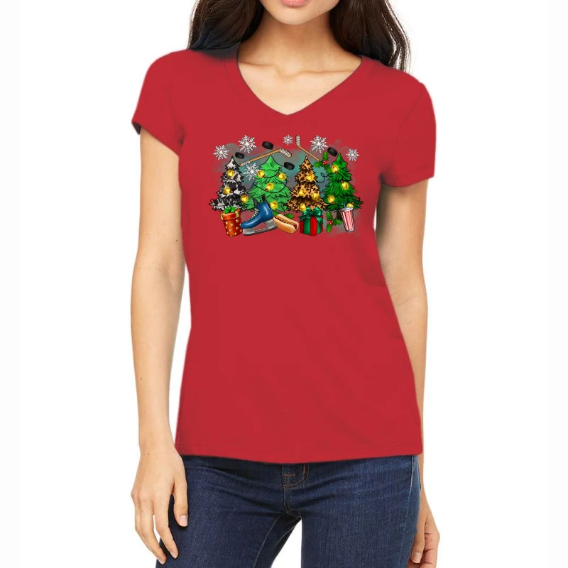 Christmas Trees With Hockey Women's V-Neck T-Shirt 1 Christmas Trees With Hockey Women's V-Neck T-Shirt