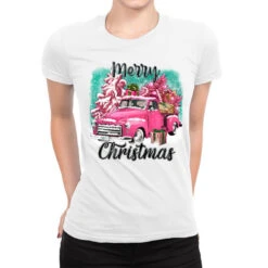 Pink Merry Christmas Truck Ladies Fitted T-Shirt