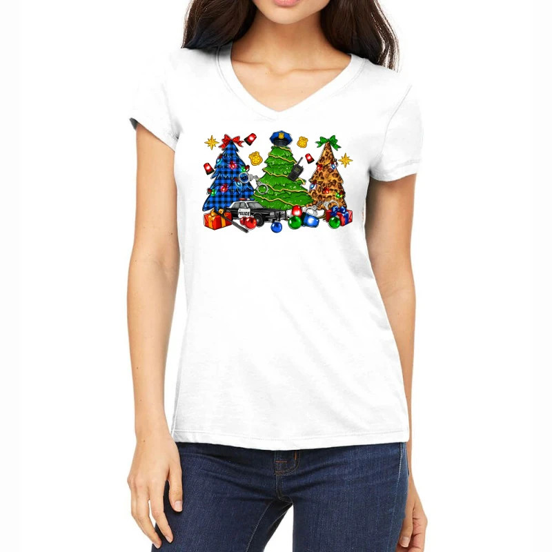 Police Christmas Trees Women's V-Neck T-Shirt 1 Police Christmas Trees Women's V-Neck T-Shirt