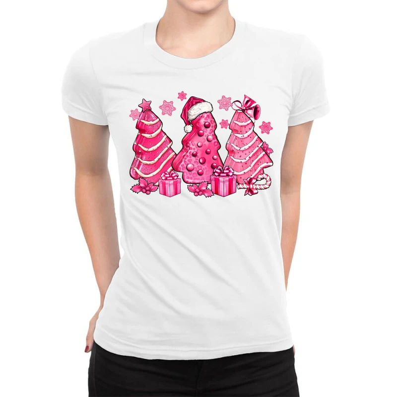 Pink Christmas Tree Cakes Ladies Fitted T-Shirt 1 Pink Christmas Tree Cakes Ladies Fitted T-Shirt