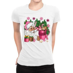 Pink Christmas Hot Chocolate Coffee Cup With Santa Ladies Fitted T-Shirt