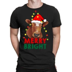 Merry And Bright Cow With Christmas Lights T-Shirt