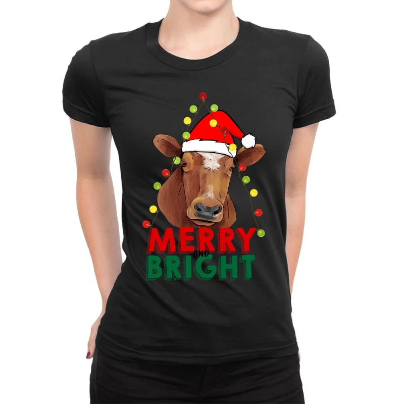 Merry And Bright Cow With Christmas Lights Ladies Fitted T-Shirt 1 Merry And Bright Cow With Christmas Lights Ladies Fitted T-Shirt