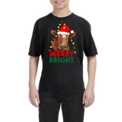 Merry And Bright Cow With Christmas Lights Youth Tee