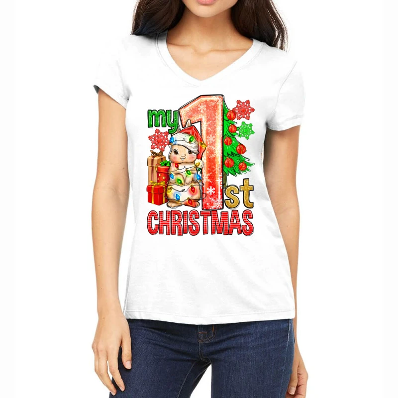 My First Christmas Rabbit Women's V-Neck T-Shirt 1 My First Christmas Rabbit Women's V-Neck T-Shirt