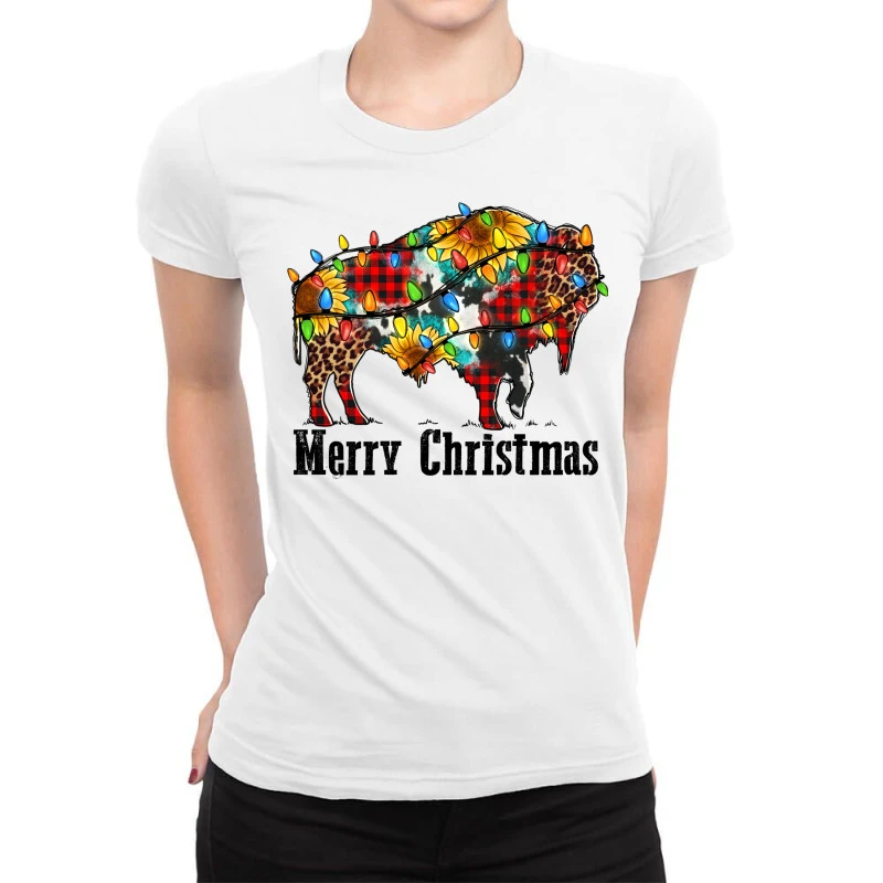 Merry Christmas Bison Ladies Fitted T-Shirt 1 Merry Christmas Bison Ladies Fitted T-Shirt