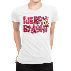 Merry And Bright Pink Christmas Ladies Fitted T-Shirt