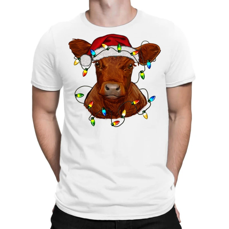 Christmas Baby Red Angus Calf With Lights T-Shirt 1 Christmas Baby Red Angus Calf With Lights T-Shirt