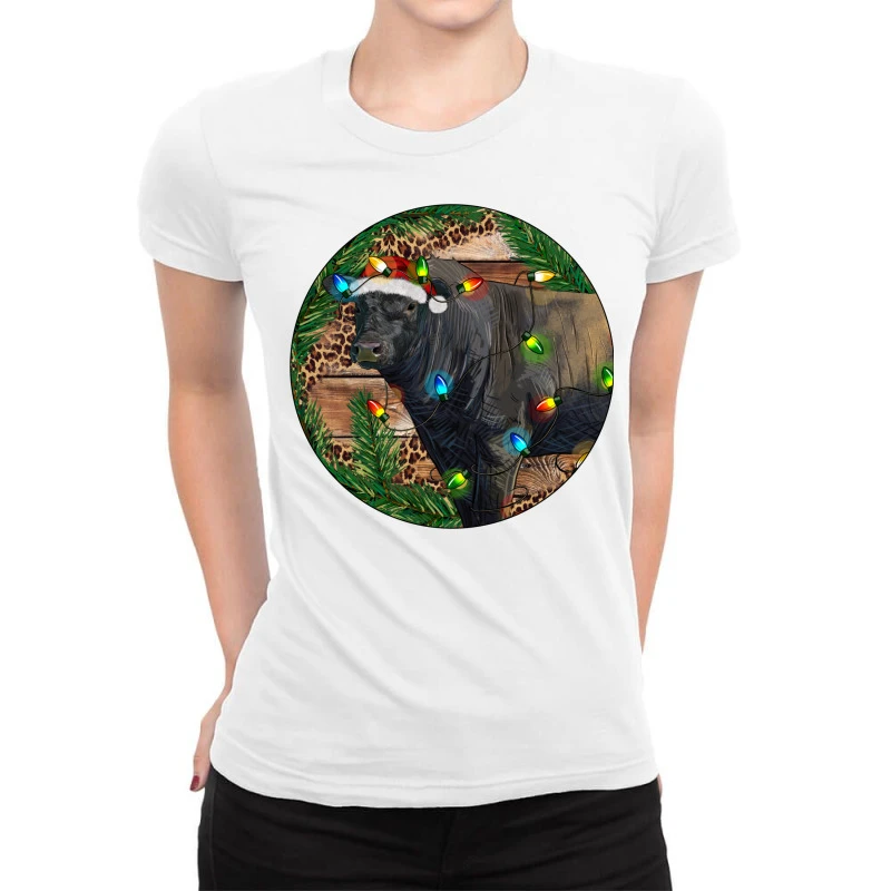 Black Angus Bull With Christmas Lights Ladies Fitted T-Shirt 1 Black Angus Bull With Christmas Lights Ladies Fitted T-Shirt