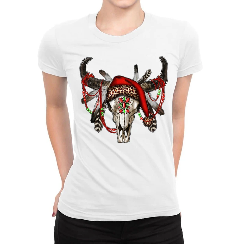 Western Christmas Bull Skull Ladies Fitted T-Shirt 1 Western Christmas Bull Skull Ladies Fitted T-Shirt