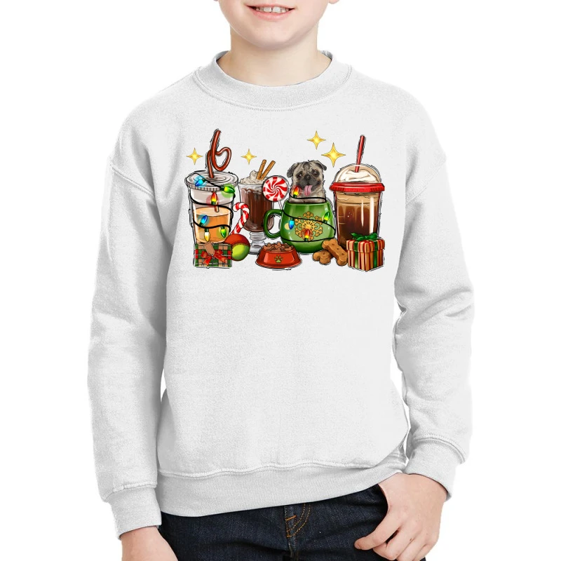 Christmas Coffee Cups With Pug Youth Sweatshirt 1 Christmas Coffee Cups With Pug Youth Sweatshirt