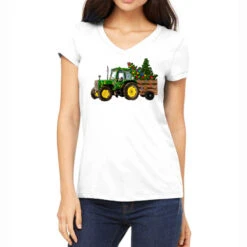 Green Christmas Tractor Women's V-Neck T-Shirt