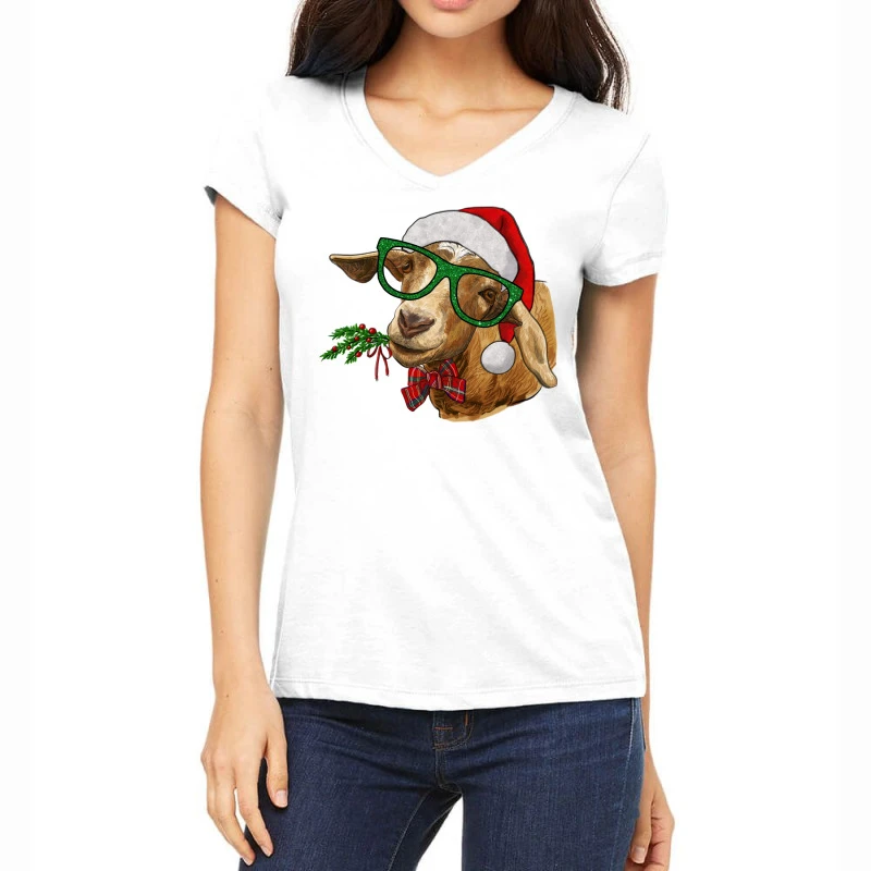 Christmas Glasses Goat Women's V-Neck T-Shirt 1 Christmas Glasses Goat Women's V-Neck T-Shirt