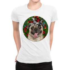 Christmas Pug With Buffalo Plaid Ladies Fitted T-Shirt