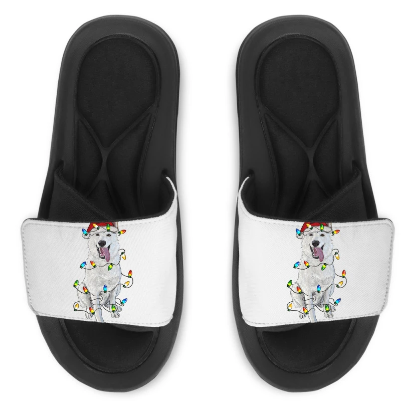 Christmas White Shepherd With Christmas Lights Slide Sandal 1 Christmas White Shepherd With Christmas Lights Slide Sandal