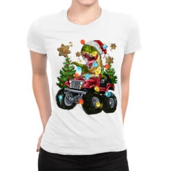 Christmas T-rex With Monster Truck Ladies Fitted T-Shirt