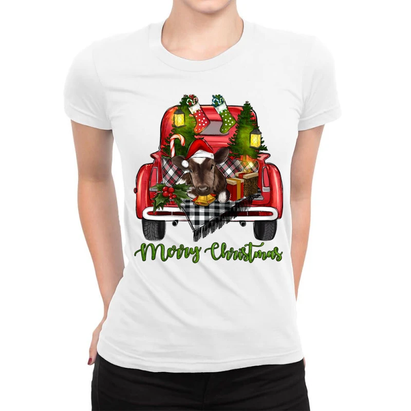 Merry Christmas Farm Truck With Baby Cow Ladies Fitted T-Shirt 1 Merry Christmas Farm Truck With Baby Cow Ladies Fitted T-Shirt