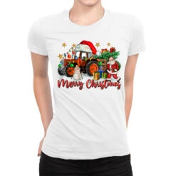 Christmas Orange Tractor With Santa And Snowman Ladies Fitted T-Shirt
