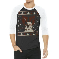 Ugly Christmas French Bulldog Puppy With Reindeer 3/4 Sleeve Shirt