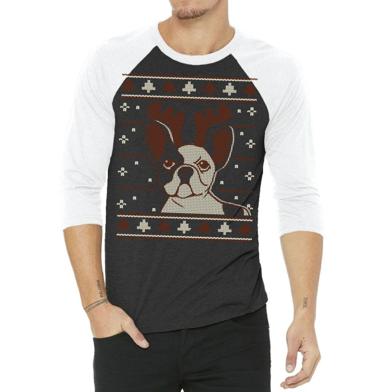 Ugly Christmas French Bulldog Puppy With Reindeer 3/4 Sleeve Shirt 1 Ugly Christmas French Bulldog Puppy With Reindeer 3/4 Sleeve Shirt