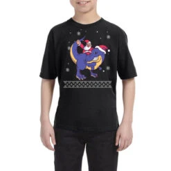 Santa Riding Dinosaur Ugly Christmas Xmas Matching Youth Tee