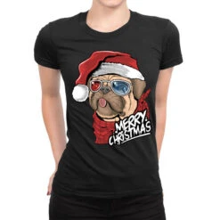 Santa Pug Christmas Merry Pugmas Dog Lover Xma Ladies Fitted T-Shirt