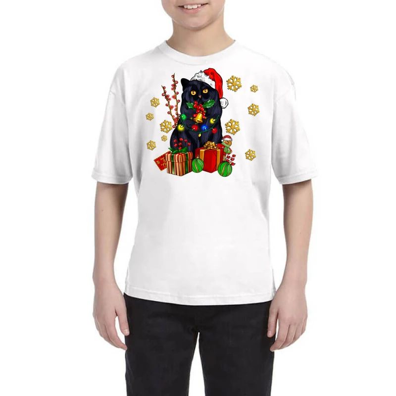 Black Cat Meowy Christmas Youth Tee 1 Black Cat Meowy Christmas Youth Tee