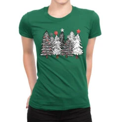 Black And White Christmas Trees With Lights Ladies Fitted T-Shirt